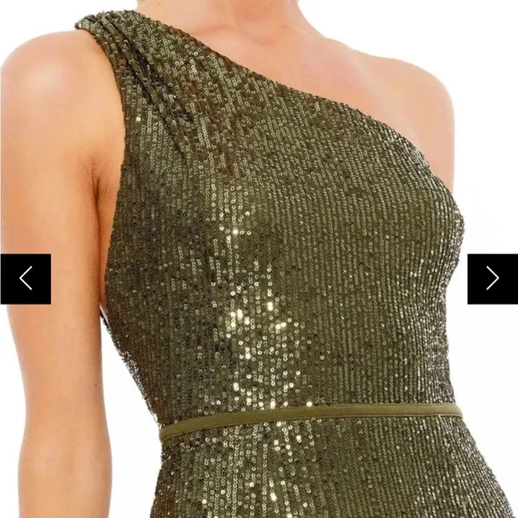 MAC DUGGAL SZ 4 OLIVE SEQUENCED ONE SHOULDER MIDI DRESS. NWT - Picture 3 of 4